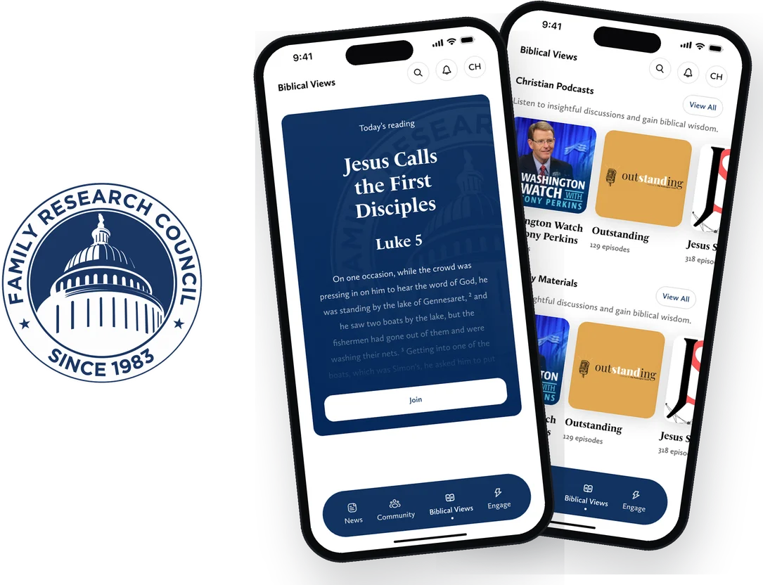 Family Research Council app on two phones, next to the FRC seal