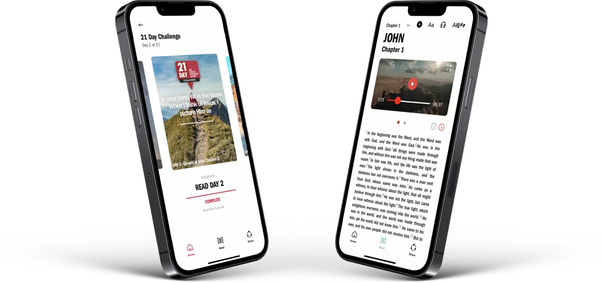 Pocket Testament League app on two phones